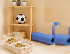 Shelf with sports gear and lunch boxes